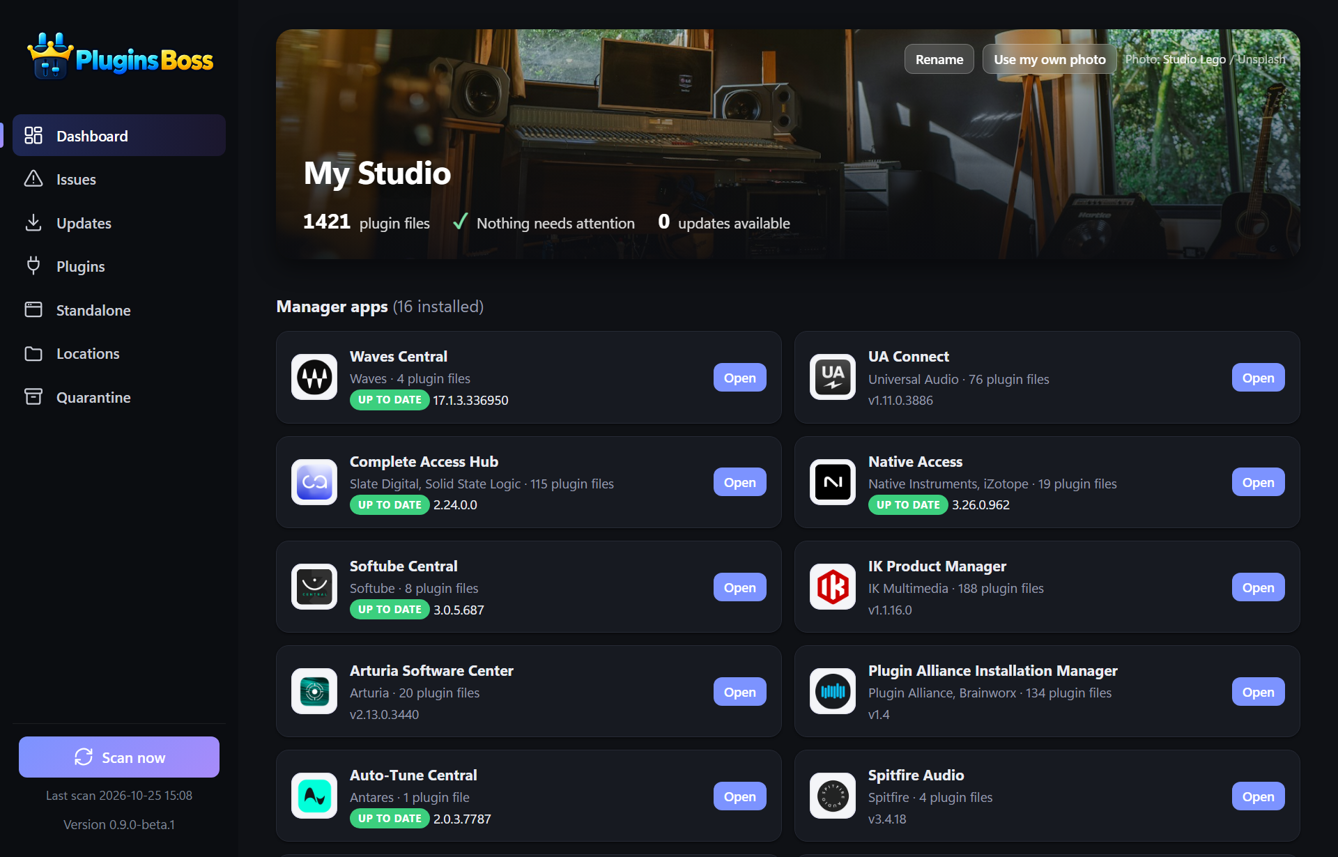 The Plugins Boss dashboard: studio header with plugin count and issue status, and the list of installed manager apps with their versions and Open buttons.